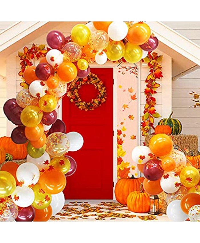 112PCS Fall Balloons Garland Arch Kit Orange Gold Burgundy White Confetti Balloons with Artificial Maple Leaves Garland for Thanksgiving Autumn Little Pumpkin Baby Shower Birthday Party Decorations