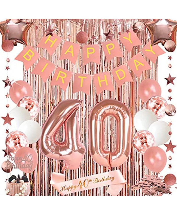 40th Birthday Decorations for Women Happy Birthday Banner Number 40 Foil Balloon Happy Birthday Cake Topper Rose Gold Curtain Happy 40th Birthday Sash Anniversary Decorations Birthday Backdrop