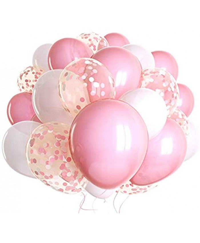 60 Pack Pink Balloons + Pink Confetti Balloons + White Balloons w Ribbon | Light Pink Balloons | Pink Balloon | Pink Latex Balloons | Baby Pink Balloons | Wedding Shower Decorations | Bulk Balloons |