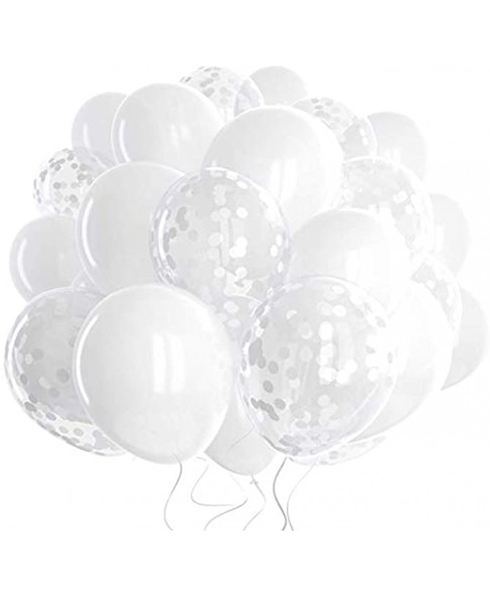 60 Pack White Balloons + White Confetti Balloons w Ribbon | Latex Balloons 12 Inch | Balloon White | Bridal Shower Balloons | Wedding Balloons | Round Balloons | White Party Decorations |