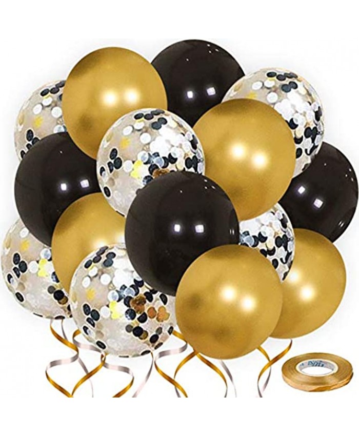 Blocesa Black Gold Balloons 60 Pack 12 Inch Black and Gold Balloon Garland kit Black and Gold Confetti Latex Balloons with Ribbons for Graduation Birthday Wedding Halloween Party Decorations