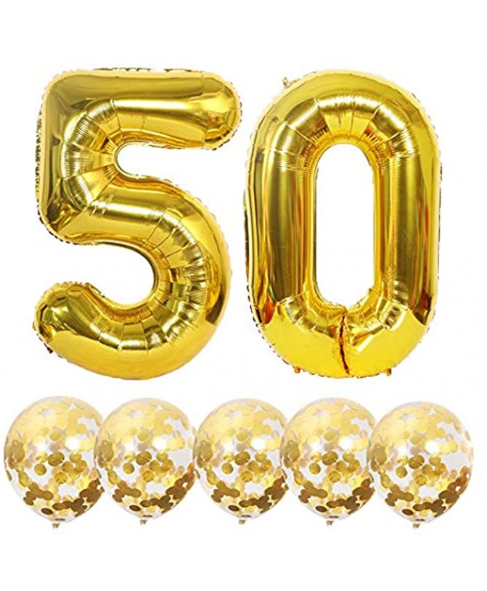 Eokeanon Number 50 and Gold Confetti Balloons 40 Inch Gold Number 50 Balloon with 5PCS 12 Inch Gold Confetti Balloons for 50th Birthday Party Decorations 50th Anniversary Décor