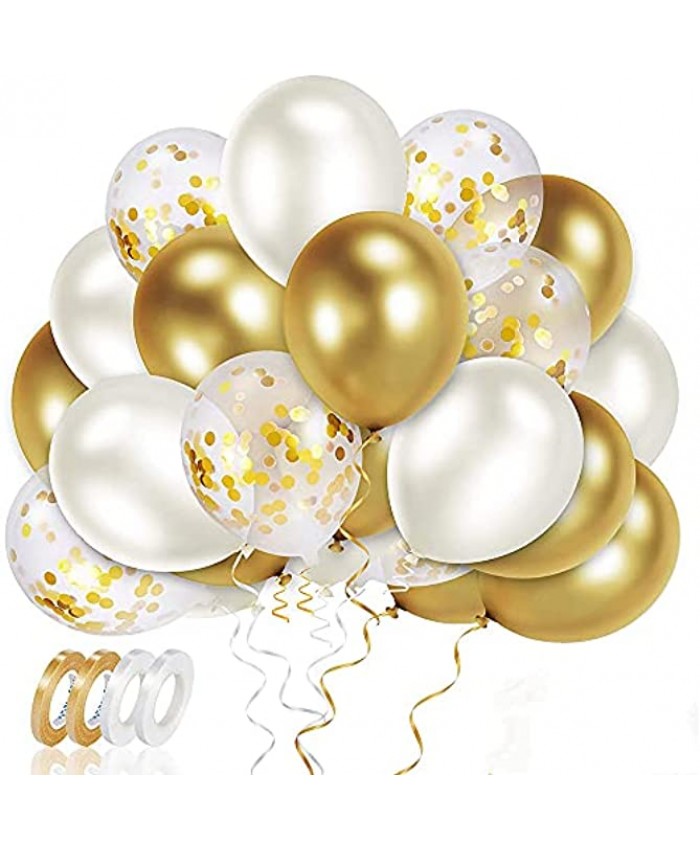 Meromore 70PCS Gold Metallic Chrome Latex Balloons Set with 4 Roll Ribbons 12 Inch Gold Balloons & Gold Confetti Balloons & White Balloons for Birthday Party Supplies Wedding Graduation Anniversary