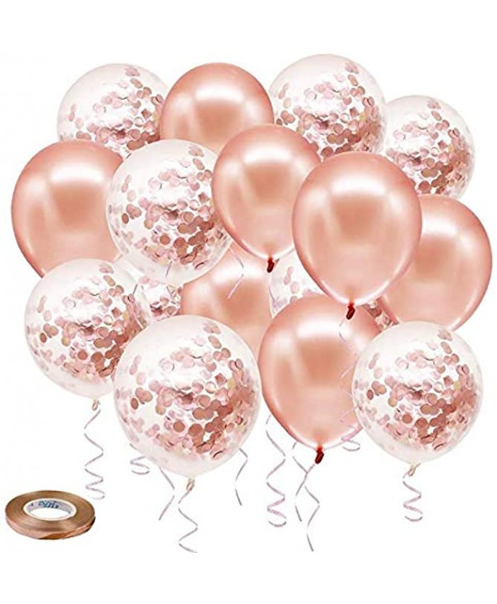 Rose Gold Confetti Latex Balloons 50 pack 12 inch Birthday Balloons with 33 Feet Rose Gold Ribbon for Party Wedding Bridal Shower Decorations