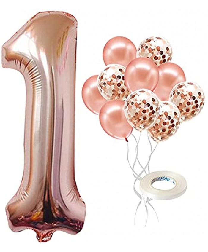 Rose Gold Number 1 Balloon for First Birthday Large 40 Inch Confetti Balloons | Rose Gold 1 Balloon for First Birthday Decorations for Girl | 1st Birthday Girl Decoration for One Year Old Birthday