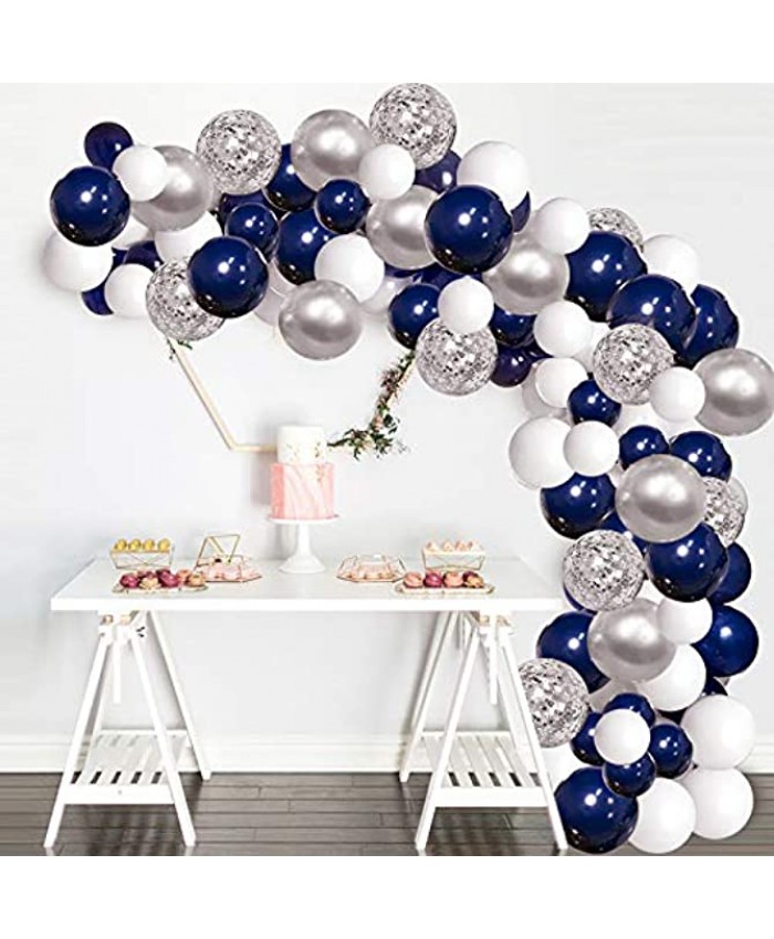 Silver Blue Balloons Garland Kit 120 pcs Navy Blue and Silver Confetti White Balloons Arch with 16ft Tape Strip & Dot Glue for Party Wedding Birthday DIY Decoration