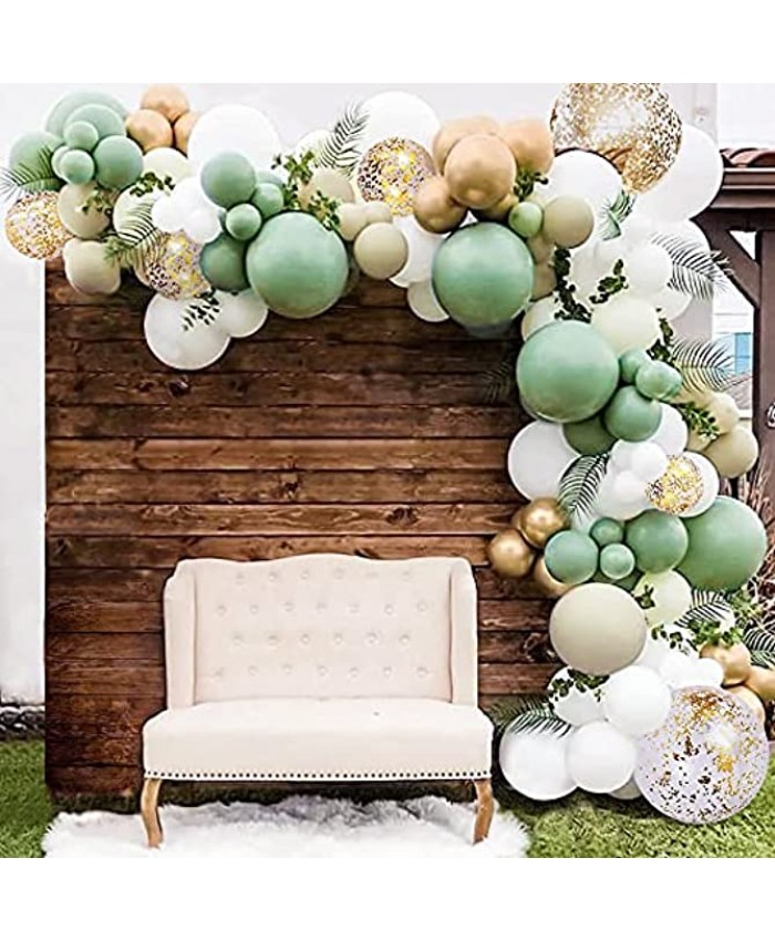 Sweet Baby Co. Sage Green Balloon Garland Kit for Neutral Arch with Matte Sage Olive Taupe White Gold Metallic Confetti Balloons for Baby Shower Eucalyptus Party Decorations Birthday Ballon Wall