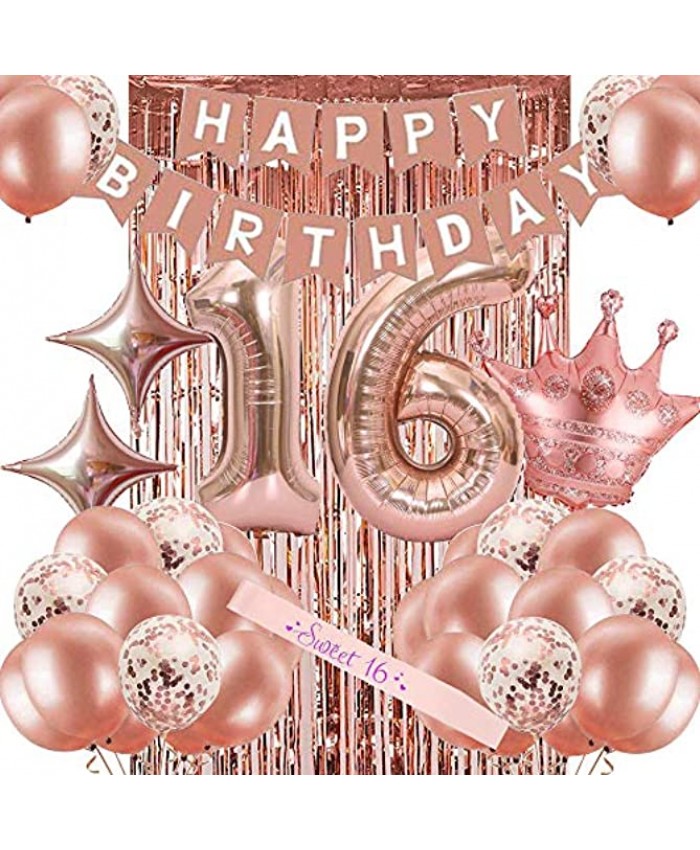16th Birthday Decorations for Women Rose Gold Sweet 16 Birthday Party Decoration for Her 16th Happy Birthday Banner Kits Rosegold Balloons Decoration for Girls Women 16th Birthday Party Supplies