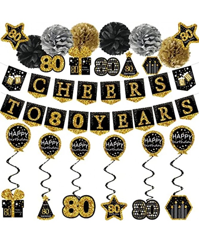 80th Birthday Decorations for Men 21pack Cheers to 80 Years Black Gold Glitter Banner for Women 6 Paper Poms 6 Hanging Swirl 7 Decorations Stickers. 80 Years Old Party Supplies Gifts for Men