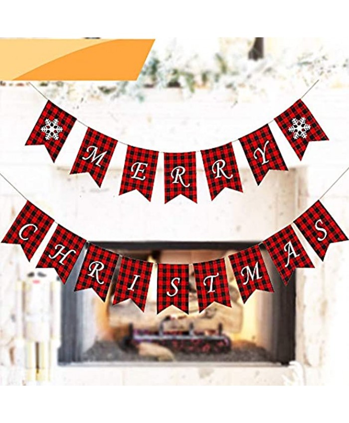 Jolik Merry Christmas Banner with Two Snowflake Flags Buffalo Plaid Banner Decoration for Fireplace Wall Tree Christmas Decoration
