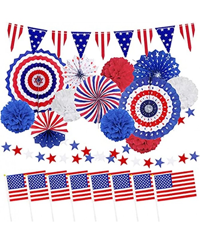 MOVINPE 4th of July Patriotic Party Decorations Set Hanging Paper Fans Pompoms Flowers Star Streamers USA Flag Pennant Bunting Hand Held Flags Independence Day Party Supplies Favors