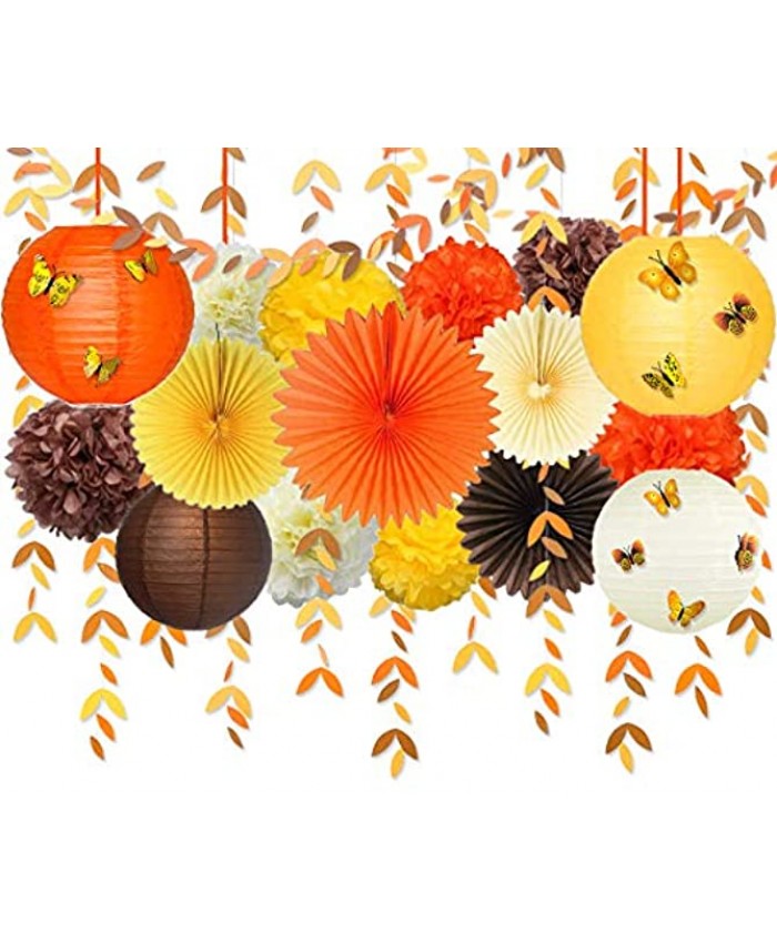 Thanksgiving Party Decorations Kit Yellow Orange Brown Paper Hanging Fans Lantern Flowers Pom Pom with 3D Butterfly Autumn Leaves Garland for Fall Wedding Bridal Shower Birthday Harvest Party Supplies