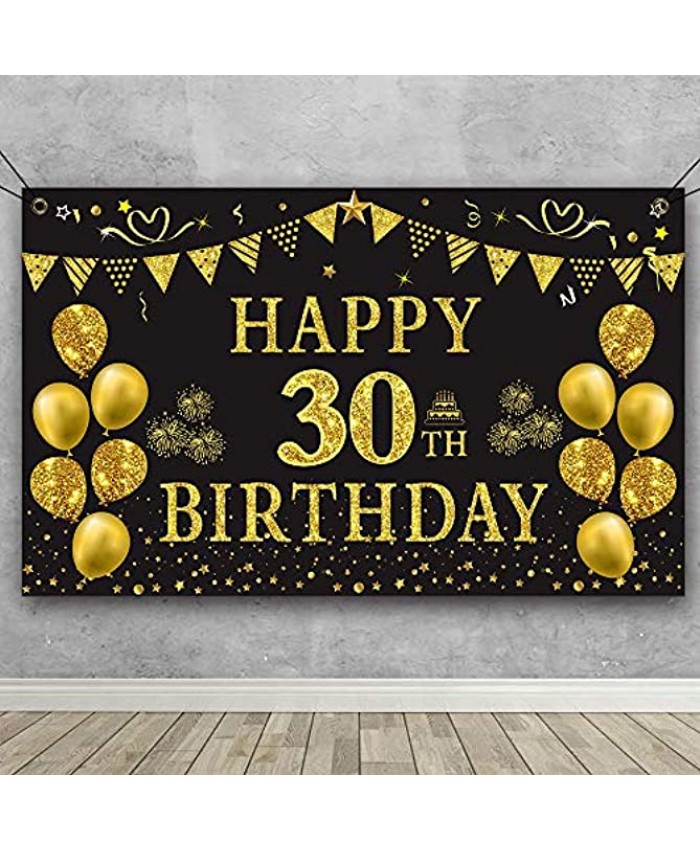 Trgowaul 30th Birthday Backdrop Gold and Black 5.9 X 3.6 Fts Happy Birthday Party Decorations Banner for Women Men Photography Supplies Background Happy Birthday Decoration