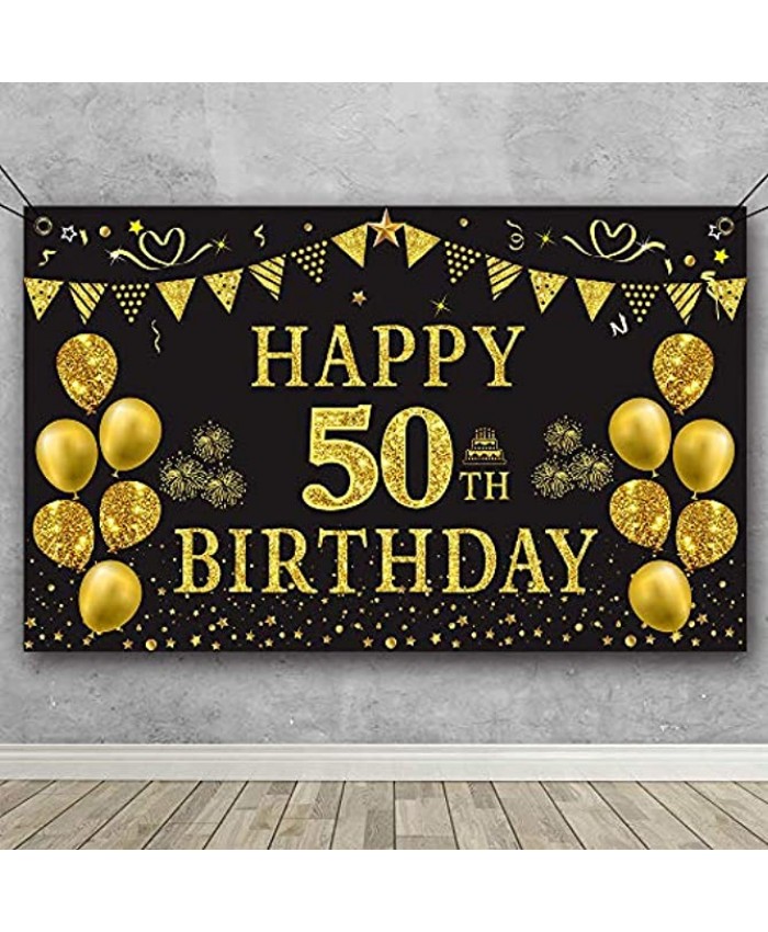 Trgowaul 50th Birthday Backdrop Gold and Black 5.9 X 3.6 Fts Happy Birthday Party Decorations Banner for Women Men Photography Supplies Background Happy Birthday Decoration