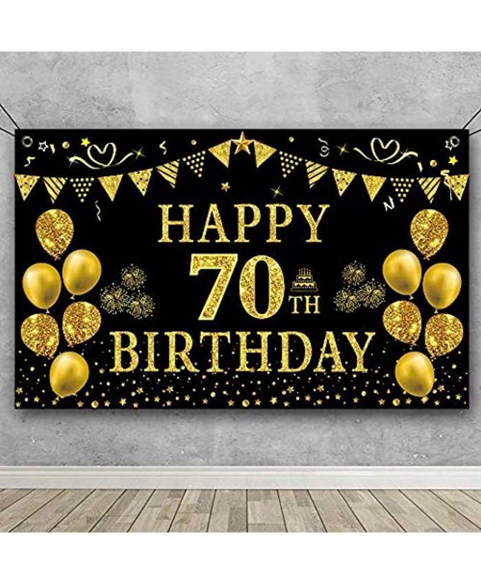 Trgowaul 70th Birthday Backdrop Gold and Black 5.9 X 3.6 Fts Happy Birthday Party Decorations Banner for Women Men Photography Supplies Background Happy Birthday Decoration