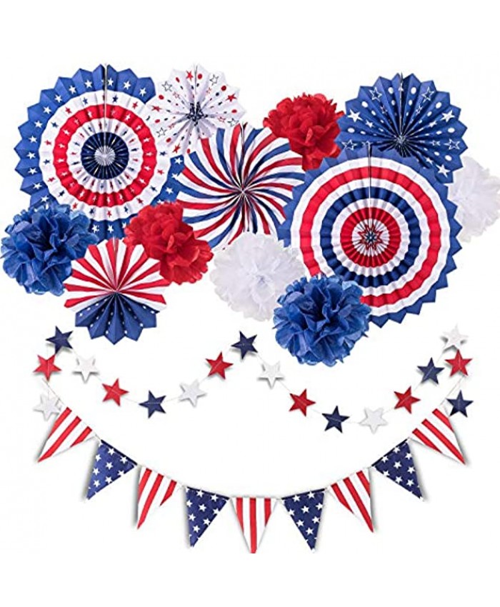 Whaline 14Pcs Patriotic Party Decorations Set 4th of July American Flag Party Supplies Hanging Paper Fans Paper Flower Balls Star Streamers USA Flag Pennant Bunting Party Favors