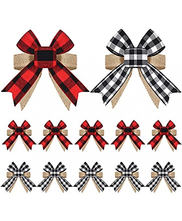 12 Pieces Buffalo Plaid Burlap Bows Christmas Wreath Bow Rustic Tree Topper Christmas Bows Holiday Bows Decorations Ornaments for Wedding Birthday Party 4.7 Inch Red-Black Plaid Black-White Plaid