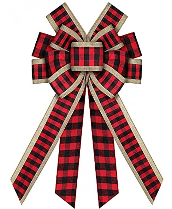 21 inch Christmas Bow Buffalo Plaid Bow Large Christmas Wreath Bow Xmas Checkered Bow Holiday Christmas Bows for Christmas Tree Crafts DIY Bow Decoration Red and Black
