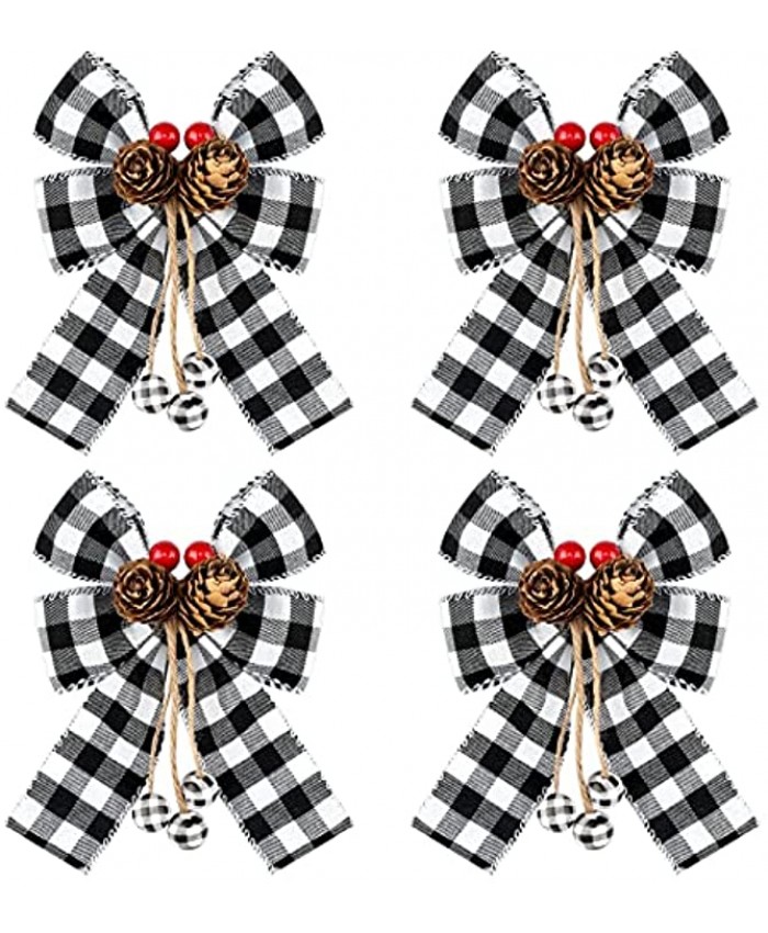 4 Pieces Christmas Buffalo Plaid Bow for Wreath Buffalo Plaid Bow Outdoor Halloween Wreath Rustic Bows Wreaths Burlap Fall Tree Topper for Wedding Holiday Birthday Party Decoration White and Black