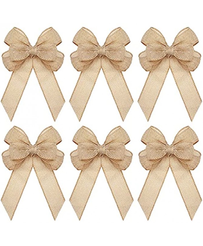6 Pieces Christmas Burlap Bows Knot Handmade Ribbon Bows Natural Rustic Burlap Wreath Decorative Bowknot Ornament for Christmas Decorate Tree Festival Holiday Party Supplies Linen Style