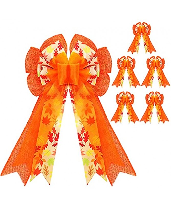 6 Pieces Large Thanksgiving Fall Wreath Bow 12 x 6 Inch Orange Thanksful Pre-Tied Burlap Bow Swag Bow Party Tree Topper for Thanksgiving Christmas Home Indoor Outdoor Decoration Maple Style