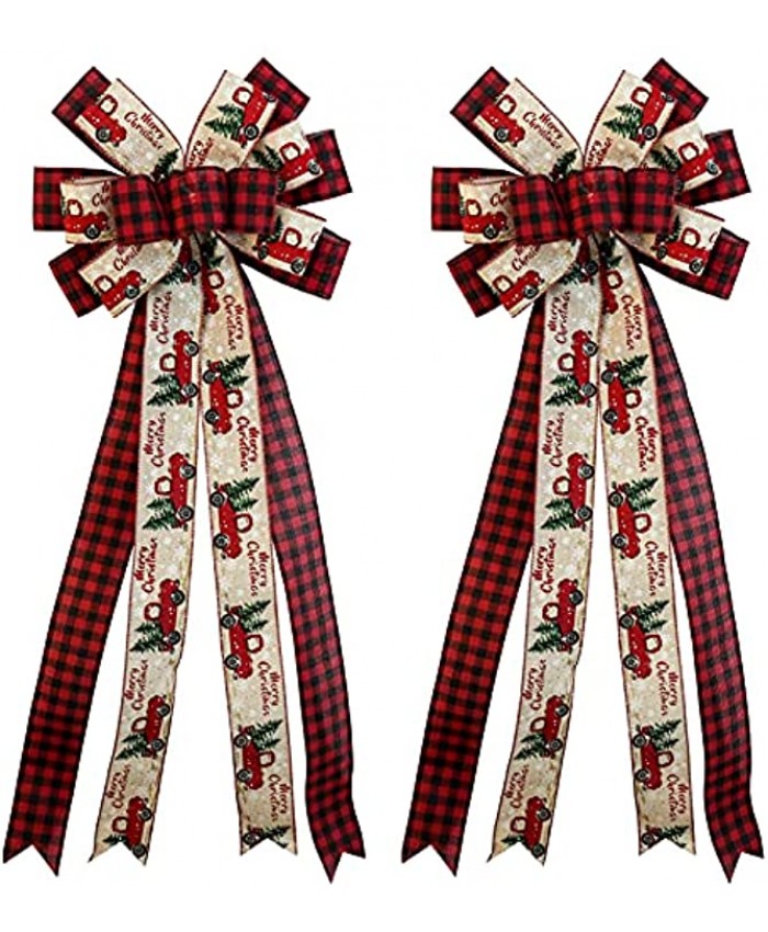 ATRBB 2 Pcs Supersize Christmas Tree Topper Bows Vintage Truck and Buffalo Plaid Ribbon Christmas Decoration Bow for Xmas Tree Front Door Wreath and Wall 13.7 x 35 Inches Red Black Beige