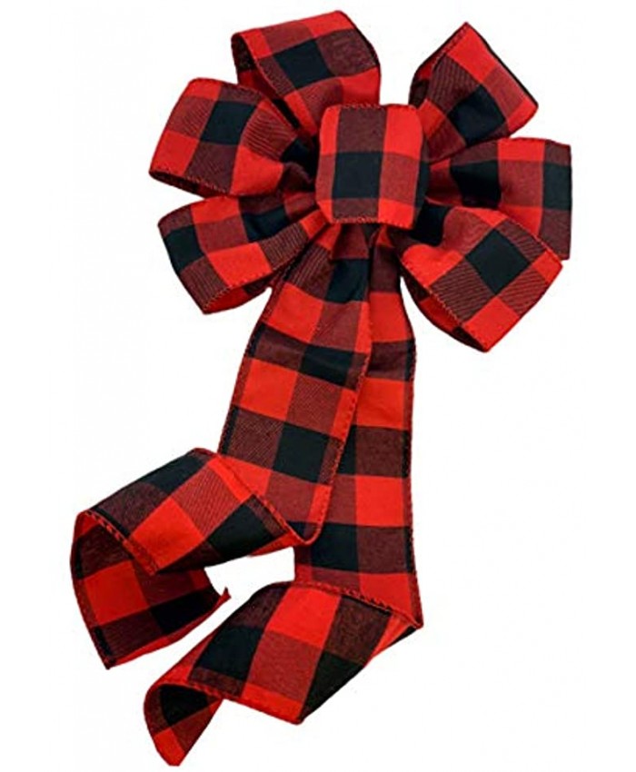 GiftWrap Etc. Buffalo Plaid Christmas Wreath Bow 10" Wide 18" Long Pre-Tied Bow Red Black Checkers Valentine's Day Fall Decor Door Decoration Swag Wreath Garland Boxing Day Winter