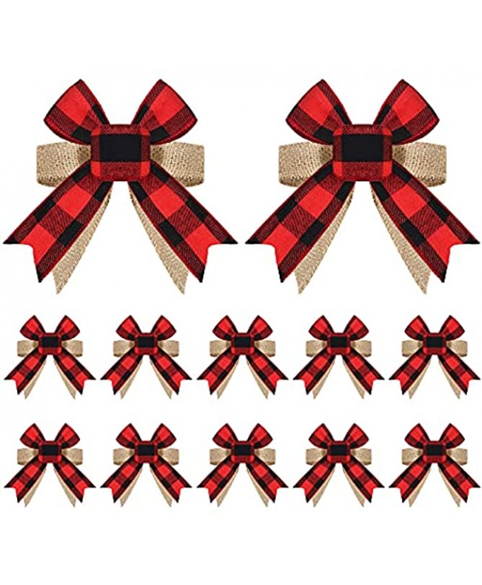 MTLEE 12 Pieces Buffalo Plaid Burlap Bows Christmas Wreath Bow Rustic Tree Topper Christmas Bows Holiday Bows Decorations Ornaments for Wedding Birthday Party 4.7 Inch Red-Black Plaid