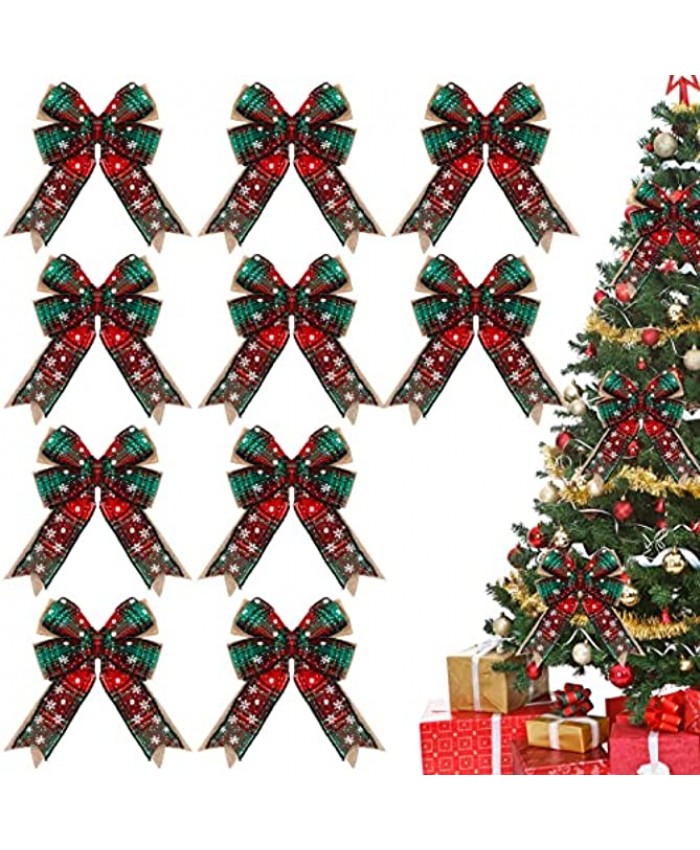 WILLBOND 10 Pieces 6 Inch Christmas Buffalo Plaid Bows Burlap Christmas Wreaths Bows Bowknot Ornaments for Christmas Wreaths Christmas Tree Garland and Outdoor Decoration Red Green Snow Plaid