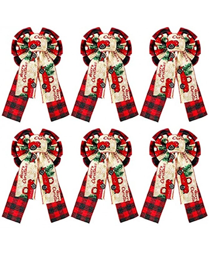 WILLBOND 6 Pieces Christmas Buffalo Plaid Bows 12 x 6 Inches Large Red Black Plaid Bows Red Truck Decorative Bows Christmas Tree Topper Plaid Check Wreath Bows for Xmas Party Home Wreath Ornaments