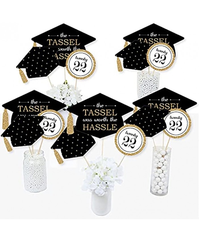 Big Dot of Happiness Gold Tassel Worth The Hassle 2022 Graduation Party Centerpiece Sticks Table Toppers Set of 15