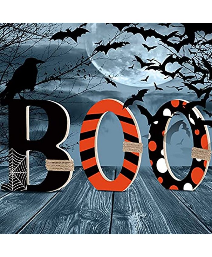 Halloween Table Decorations Boo Black Orange Wood Sign Decor Halloween Table Centerpieces Wooden Halloween Boo Letters with Spooky Spider Web for Halloween Home Table Tiered Tray Room Decor
