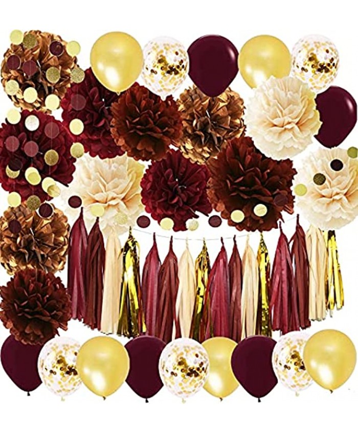 Fall Party Decorations Fall Bridal Shower Decorations Graduation Decorations 2021 Burgundy Gold Birthday Decorations for Women 40th 50th Birthday Big Size Tissue Pom Pom Maroon Gold Balloons Wedding