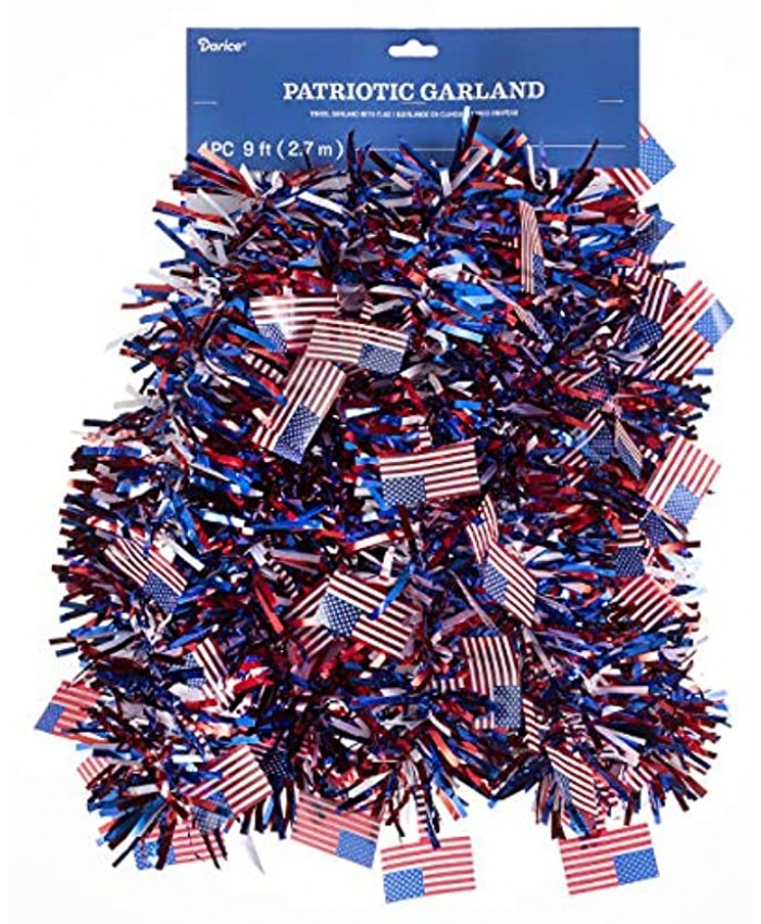 Patriotic Tri-Color Tinsel Garland w Flag Accents: 9 feet