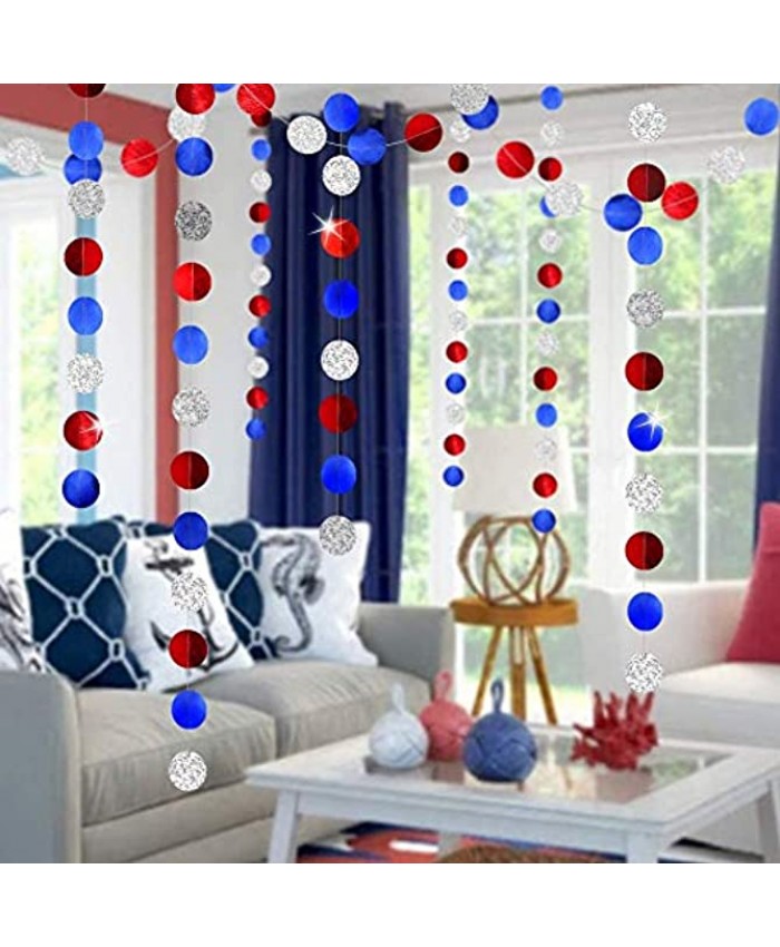 Red Blue White Party Circle Garlands National Day Patriotic Themed Home Birthday Decorations Hanging Paper Streamers Banner for Fourth 4th of July USA Independence Day