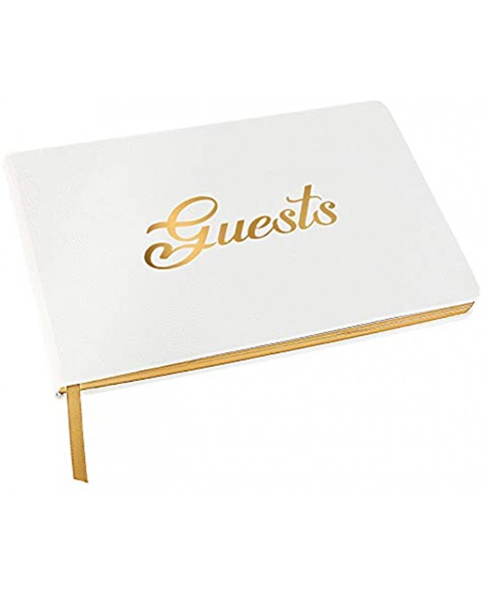 Wedding Guest Book – Sign-in Registry Guestbook Log and Polaroid Photo Album. White PU Leather Cover Gold Foil Stamping. Gilded Edges Ribbon Page Marker 9” X 6” Hardcover 100 Blank Pages