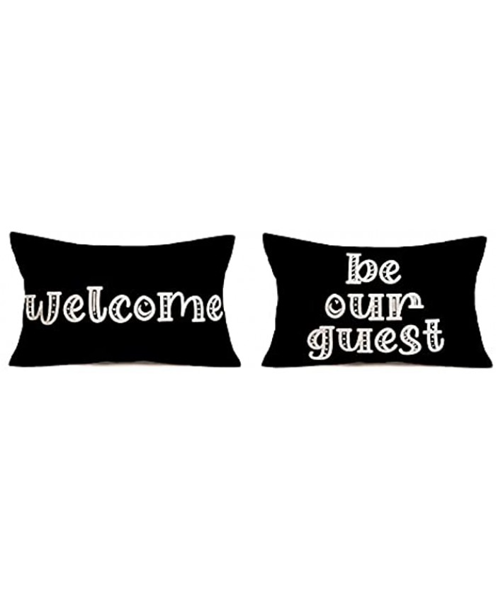 Yameeta Set of 2 Welcome Be Our Guest Pillow Covers 12x20 Inch Inspirational Quotes Throw Waist Pillow Cases with Saying Housewarming Gift Home Guest Room Decor Pillowcase Cotton Linen Black White