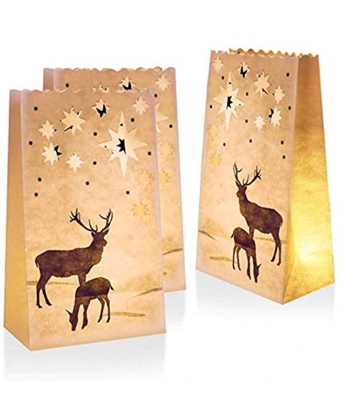 Homemory 24-Count Christmas Luminary Bags Flame Resistant Tealight Candle Bags Stars Elks Deer Luminaries for Thanksgiving Christmas Party Decoration