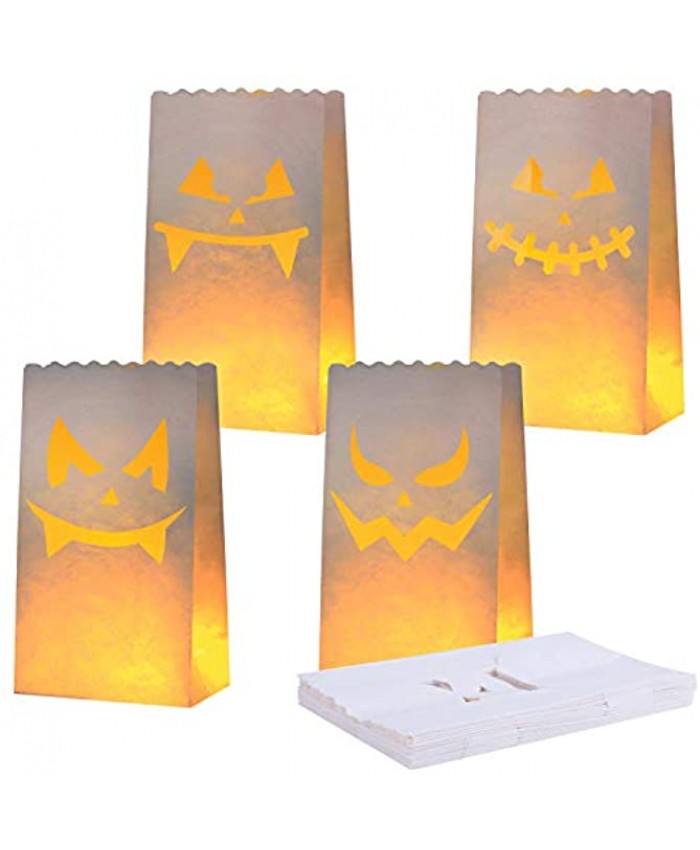 URATOT 24 Pieces Halloween Paper Luminary Bags Pumpkin Silhouette Paper Bags Flame Resistant Candle Bags Luminary Lantern Bags with 4 Jack-o'-Lantern Designs for Halloween Party Decor