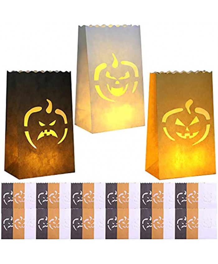 URATOT 36 Pieces Halloween Luminary Bags Jack-o'-Lantern Bags Pumpkin Silhouette Paper Bags Flame Resistant Lantern Bags Luminary Candle Bags 3 Designs for Halloween Party Home