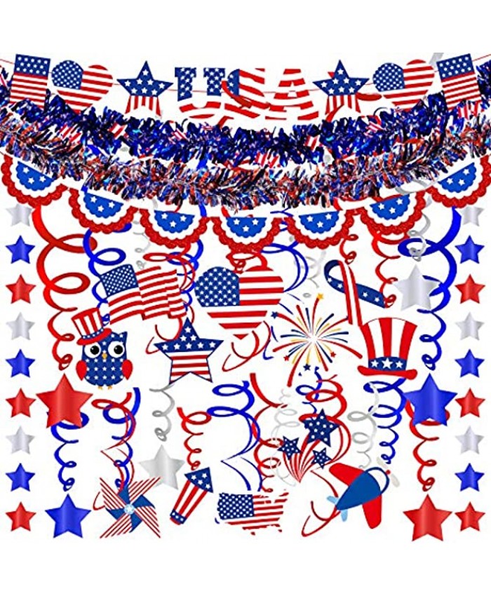 Winlyn Patriotic Red Blue White Party Decoration Patriotic Tinsel Garlands American USA Banner Foil Star String Hanging Swirl Streamers for 4th of July Independence Day Memorial Day Party Decoration