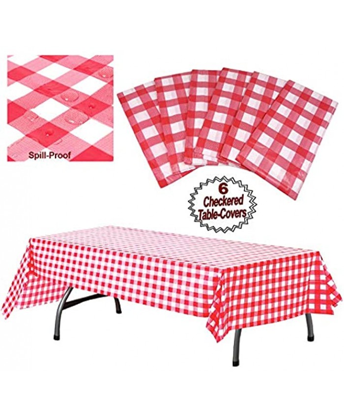 Plastic Checkered Tablecloth | 6 Pcs Pack 54” Wide x 108” Long | Red and White Picnic Disposable Table Cover | Rectangular Gingham Tablecover for Birthdays Carnivals Parties | By Anapoliz