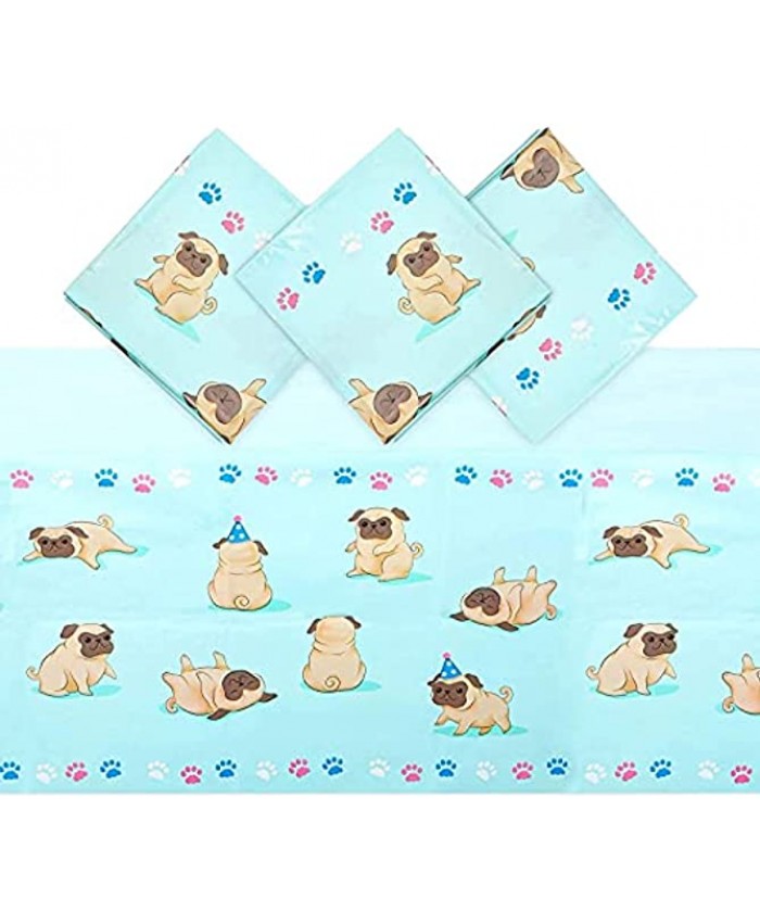 Pug Tablecloth for Dog Birthday Party Blue 54 x 108 Inches 3 Pack