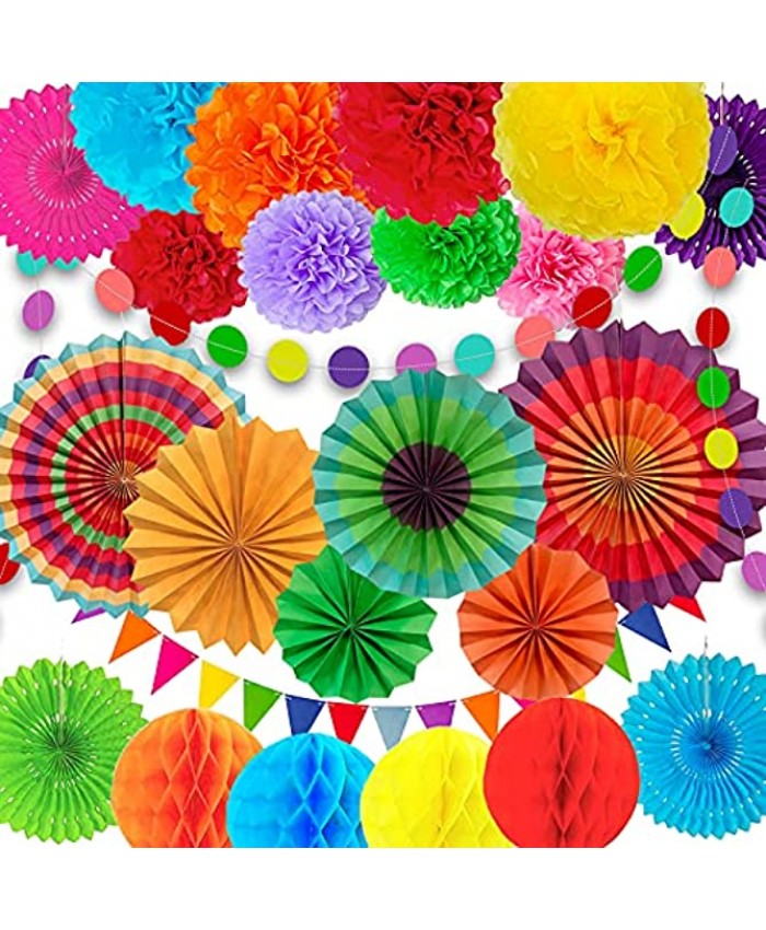 24pcs Fiesta Party Decorations Set Colorful Paper Fans Hollow Paper Fans Tissue Paper Pom Poms Honeycomb Balls Circle Dot Garland for Birthday Party Wedding Decorations Fiesta or Mexican Party