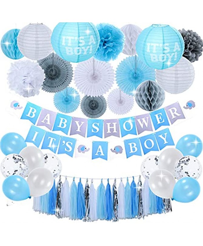 Baby Shower Decorations For Boy-It's A Boy Banner,Party Supplies Decoration Kit,Blue and Grey,Paper Fans,Latex Balloons Silver Tassels,Tissue Paper Pom Poms Honeycomb Balls,Paper Lanterns Party Supplies for Boys