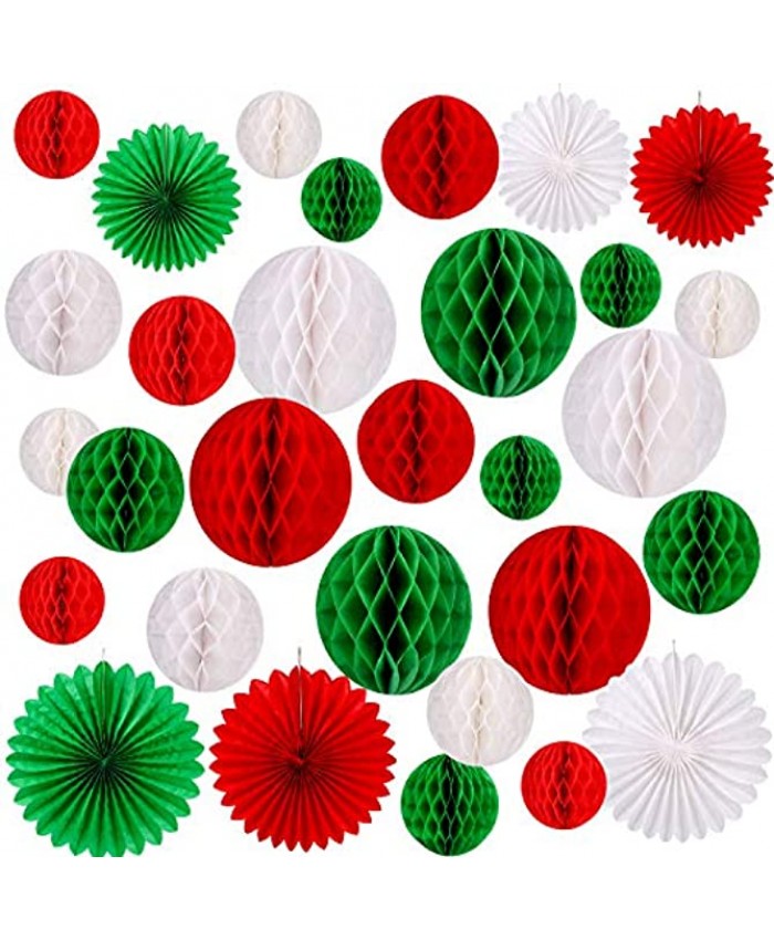 Konsait 30pcs Christmas New Year Hanging Decoration Paper Honeycomb Balls Paper Fans Kit for Xmas Party Decor Supplies Baby Shower Birthday Wedding Home Decoration Red White Green Decor