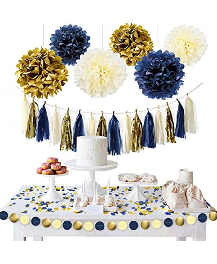 NICROLANDEE Navy Blue Gold Party Decoration Kit Nautical Baby Shower Hanging Pom Poms Paper Garland Party Confetti for Navy Party Get Ready Bridal Shower Wedding Birthday Bachelorette Navy Gold