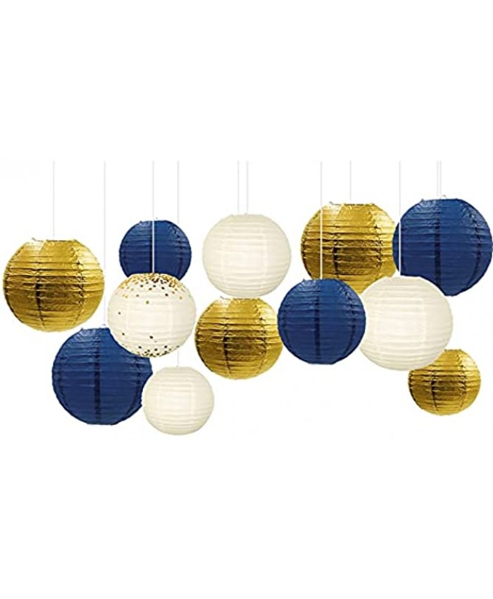 NICROLANDEE Navy Blue Party Decorations 12PCS Navy Blue Gold Glitter Hanging Paper Lanterns for Birthday Baby Shower Bridal Shower Wedding Engagement Bachelorette Gender Reveal Party Supplies