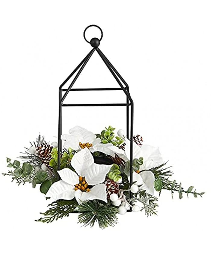 14in. Holiday White Poinsettia Berries and Pine Cone Metal Candle Holder Table Christmas Artificial Arrangement