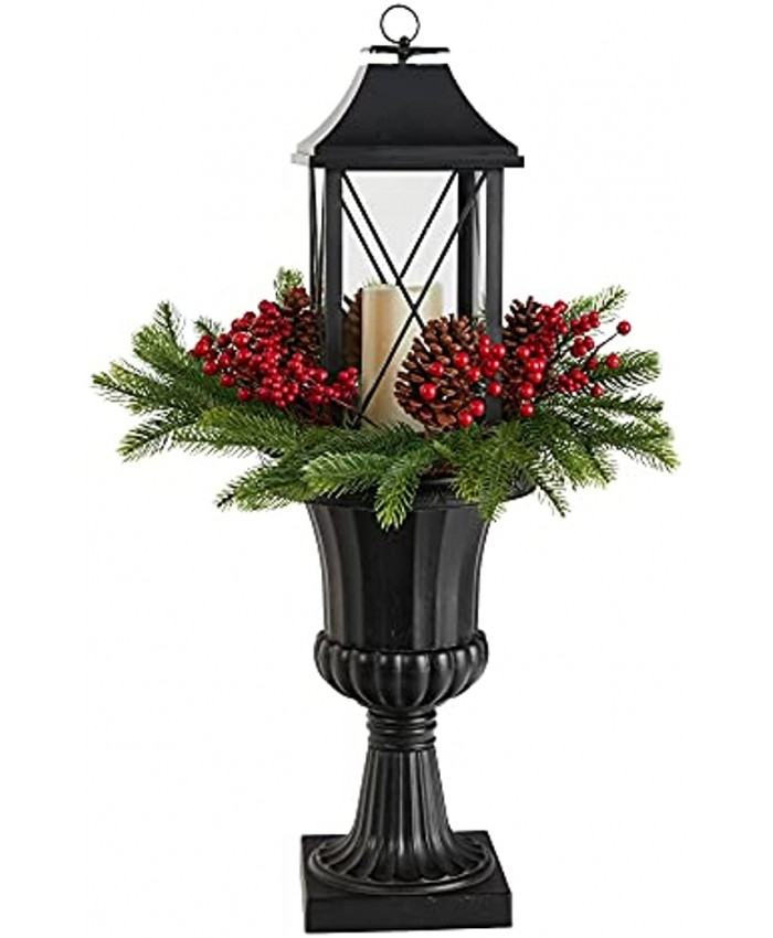 33in. Holiday Greenery Berries and Pinecones in Decorative Urn with Large Lantern and Included LED Candle Artificial Christmas Porch Décor